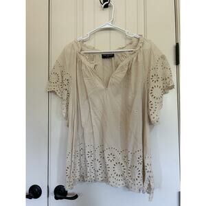 Lane Bryant Short Sleeve Off White top cottage feminine scalloped cutout lace